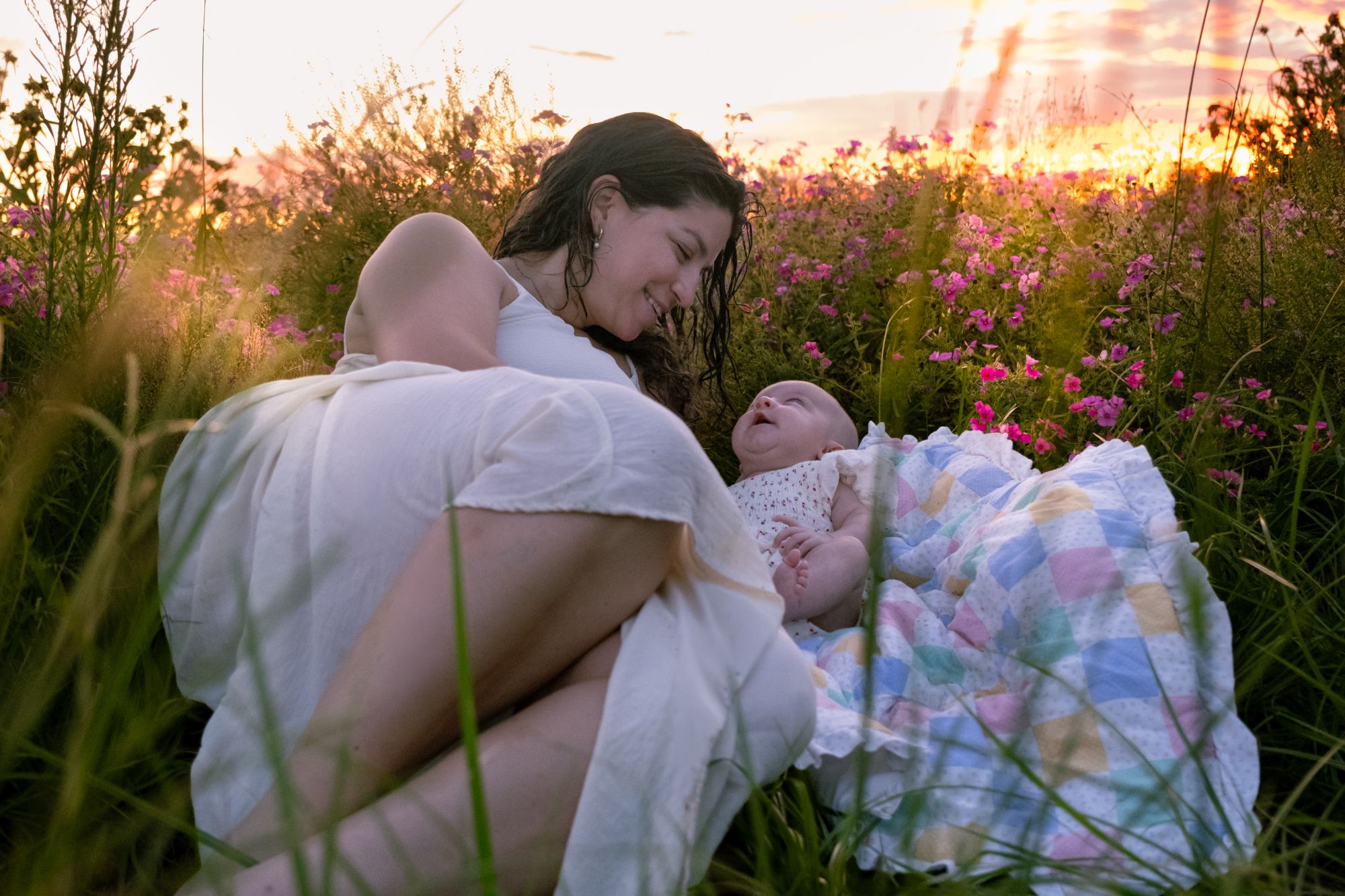 Mother and baby in field